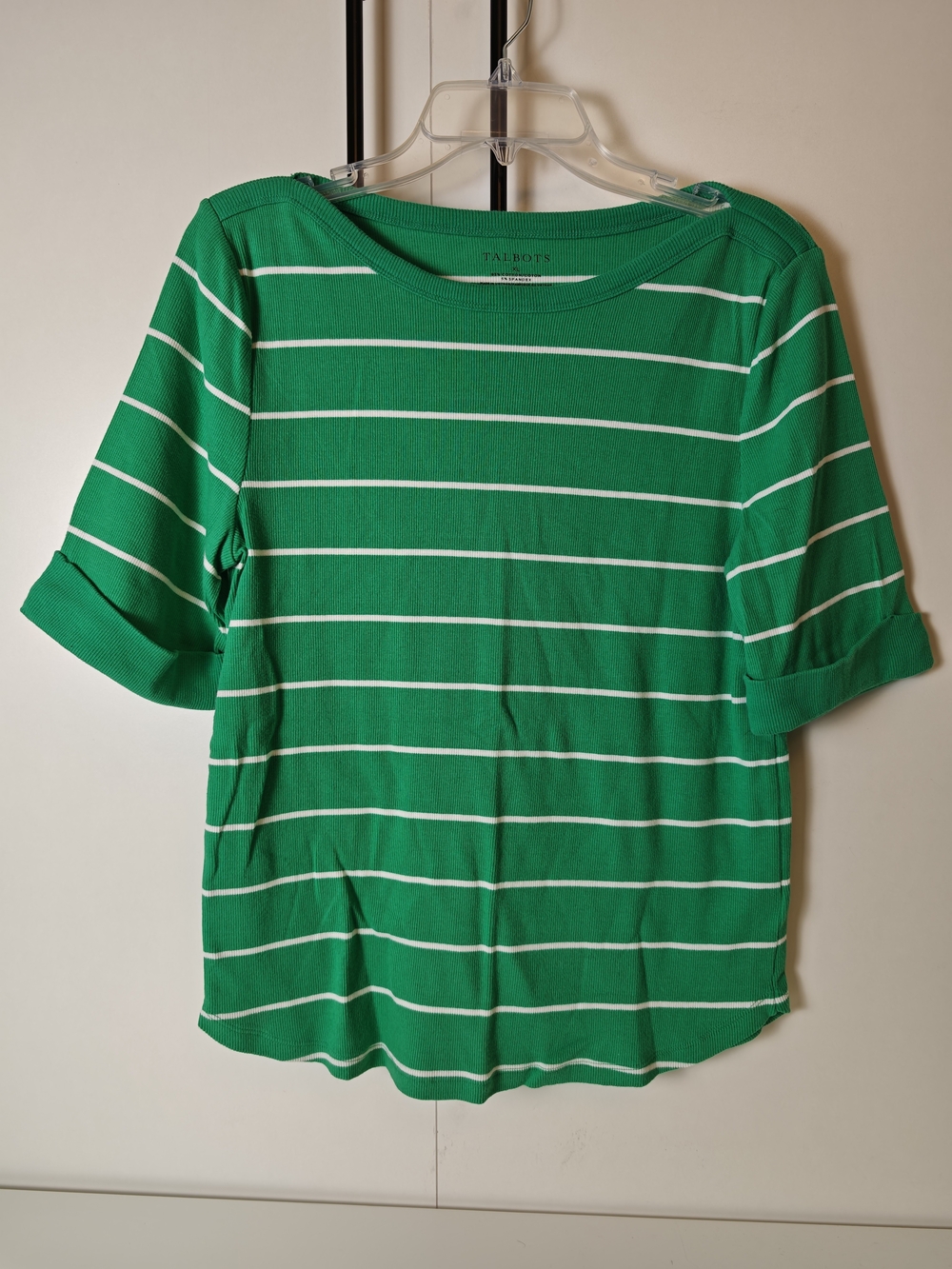 Talbots Green White Striped Boatneck Elbow Sleeve Ribbed Top XL